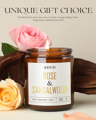 Image of AOOVOO Rose Sandalwood Candles - 9 oz Scented Candles, Aromatherapy Candle, Soy Candle for Home Scented
