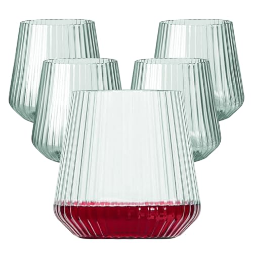 Image of Lueumxc 40 Pack Plastic Ribbed Wine Glasses, 14Oz Origami Disposable Wine Glasses Unbreakable Clear Plastic Cocktail Glasses Recyclable Shatterproof Reusable Wine Cups (14oz-green-40pack)