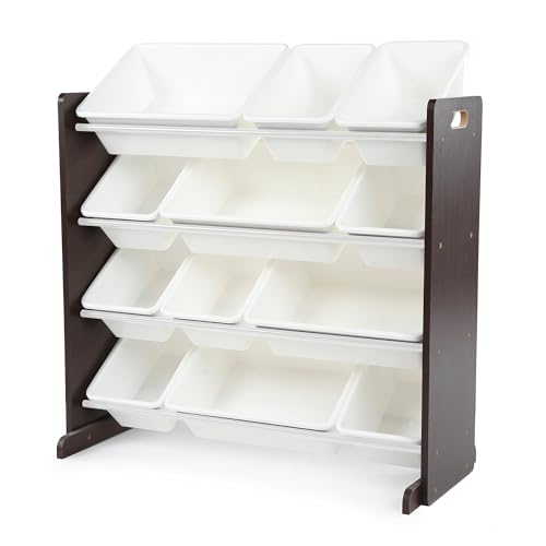 Humble Crew Kids Toy Storage Organizer with 12 Plastic Bins, Espresso/White – Removable Bins for Playroom, Bedroom, Toddler Furniture for Boys and Girls Ages