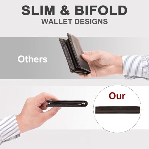 Image of Chelmon Genuine Leather Slim Wallet for Men ID Window with RFID Blocking Front Pocket Bifold Minimalist Mens Bussiness Card Holder Gift for Men, Craze Horse Coffee