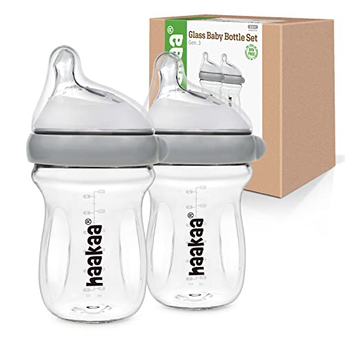 Image of haakaa Glass Baby Bottle 6.3oz/180ml/2pcs - Baby Feeding Breastfeeding Essential, Anti-Colic Variable Flow Nipple, Wide Neck (Grey, 6m+)