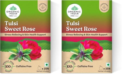Image of A TATA Product - Organic India Tulsi Sweet Rose - 25 Tea Bags, Stress Relieving, Supports Radiant Skin, Rich in Antioxidants, Made with Tulsi, Chamomile, and Rose Certified Organic (Pack of 2)