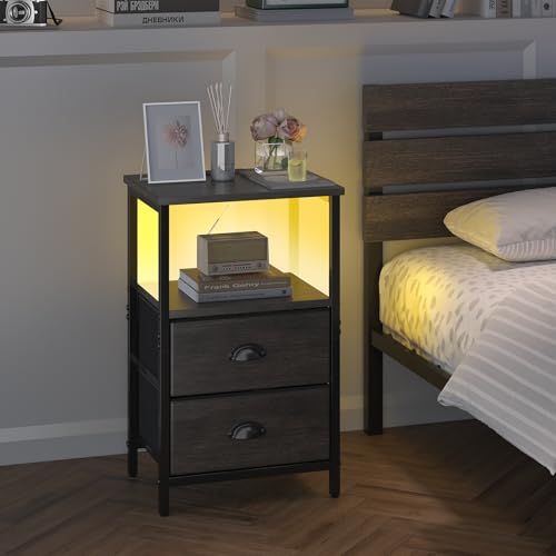 Image of sthmec Nightstand with Charging Station, LED Night Stand with 2 Fabric Drawers, Bedside Tables End Table with Drawers, 2-Tier Storage Side Table Nightstand with Drawers for Bedroom, Black Oak