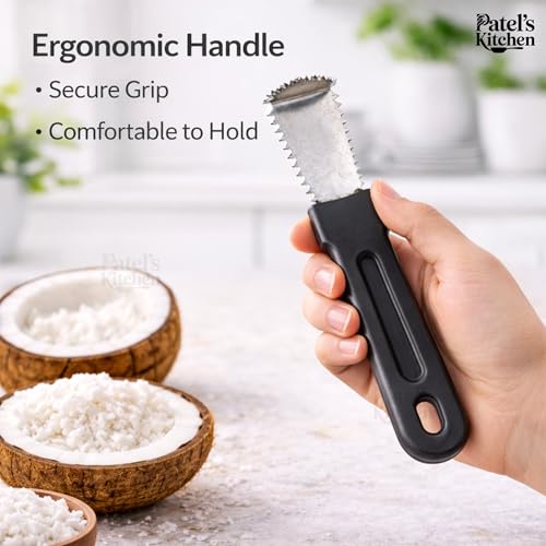 Image of PATEL'S KITCHEN Coconut Scraper Tool with Bent Stainless Steel Blade | Hand Coconut Grater with Strong Non-Slip Handle | Coconut Scraping Tool for Chutney, Curry & Sweets - 2 Units