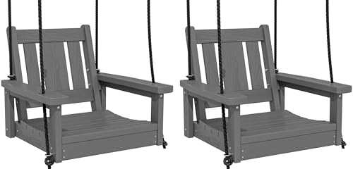 SERWALL HDPE Single Porch Swing Set of 2, Heavy Duty Single Person Swing Chair with 2 Polypropylene Hanging Ropes, Adirondack Hanging Chair for Outdoor Front Porch Patio Garden Yard, Gray