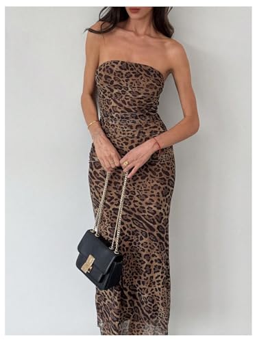 Image of GORGLITTER Women's Strapless Mesh Dinner Cocktail Tube Maxi Dress Y2K Summer Wedding Guest Sunset Prom Beach Sundresses Brown Leopard Small