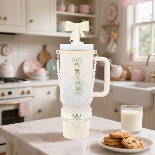 Hpebl 11PCS Cream of Stanley Cup Accessories 30/40 OZ Water Bottle Tumbler Accessories Set Pearl Bow Charms for Stanley Decorations Including Bow Straw Topper, Pom Pom Keychain, Silicone Tumbler Boot — view 6