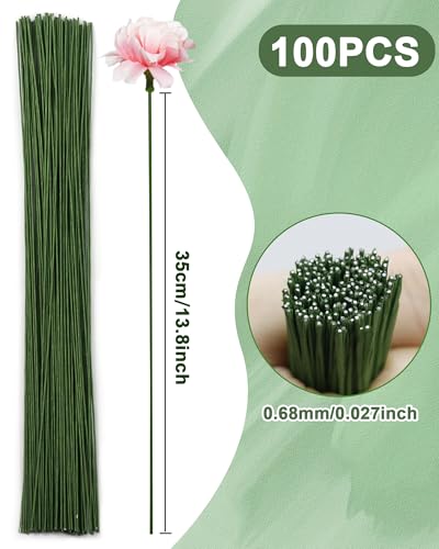 100 PCS 26 Gauge Green Floral Wire Stems for Artificial Flower Making,Flexible Paddle Wires for Crafts Christmas Wreaths Tree,Garland and Floral Arrangements,Florist Wire,Flower Wires for Crafts