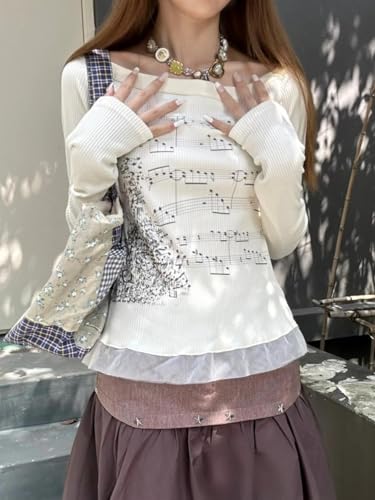 Y2K Emo Grunge Goth Shirt Long Sleeve Off Shoulder Teen Girls T-Shirt Alt Top 2000s Clothes2