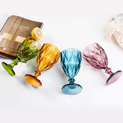 Image of Vintage Wine Glasses Set of 4, Plastic Reusable 12 Ounce Colored Water Goblets, Unique Embossed Pattern Unbreakable Stemmed Wine Glasses, High Clear Wedding Party Bar Drinking Cups Multicolor