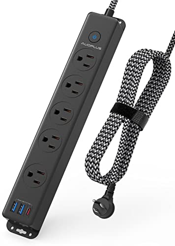 Surge Protector Power Strip with USB C Ports, 5FT Braided Extension Cord, 5 Outlets and 3 USB Ports(1 USB C), AUOPLUS Mountable Power Strips Flat Plug with Overload Protection