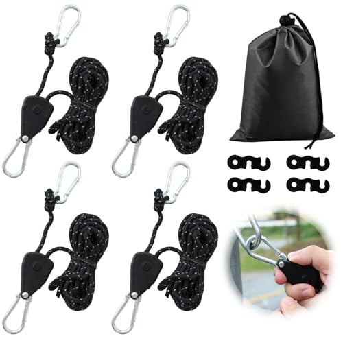 Tyafzzn 4 Stück 4mm Verstellbarer Seil Ratsche 4m Abspannseile mit seilspanner Einstellbare Ratchet Hanger mit 4 PCS Cord Adjuster Aufbewahrungstasche Reflektierende Abspannseile für Sonnensegel