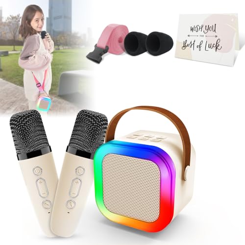 Uluck Mini Karaoke Machine for Kids & Adults,Portable Bluetooth Speaker with 2 Wireless Karaoke Microphone,Music Toys Christmas Birthday Gifts for Girls & Boys 4,5,6,7,8,9,10,11,12 Year Old (Beige)