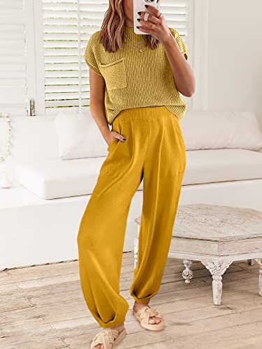 Anrabess 2 Piece Outfits For Women Sweat Suit Knit Sweater Set Loungewear Matching Set Jumpsuit 2023 Spring Summer Fashion Clothes Sweatsuit Jogger Tracksuit 953Mihuang-M Yellow #TOP4