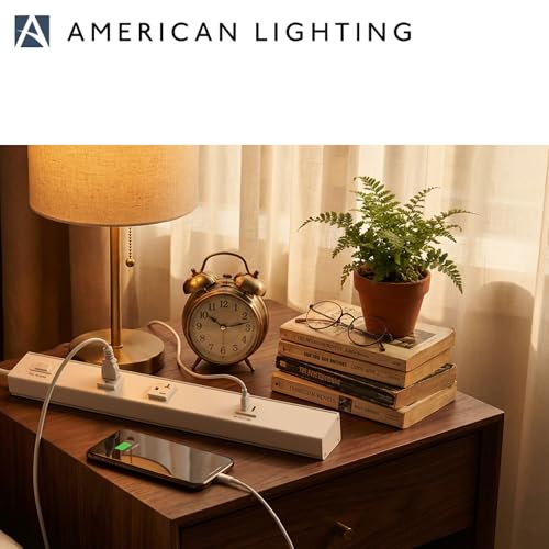 American Lighting Atom Power Strip 18 pulgadas 120V perfil bajo con 2 tomas resistentes a manipulaciones USB-A USB-C cableado fijo acabado blanco para uso interior miniatura 6
