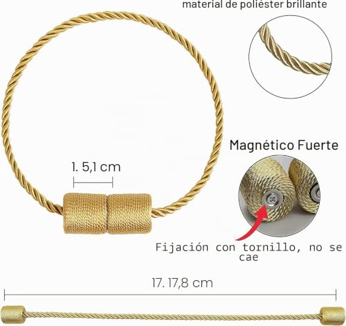 Miniatura 5 de Ocioli Paquete De 2 Alzapaños Magnéticos Para Cortinas Con Cuerda Giratoria Más Gruesa Y Alzapaños Magnéticos Fuertes Para Cortinas Dorado, 2