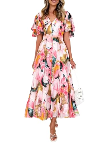 Flessibili Womens V Neck Flutter Sleeve Boho Midi Dress Summer Wedding Guest Beach Party Long Dresses Multi Pink Print Large