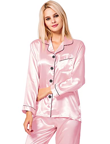 Swomog Womens Silk Satin Pajamas Long Sleeve Loungewear Two-Piece Sleepwear Button-Down Pj Set Pink #TOP1