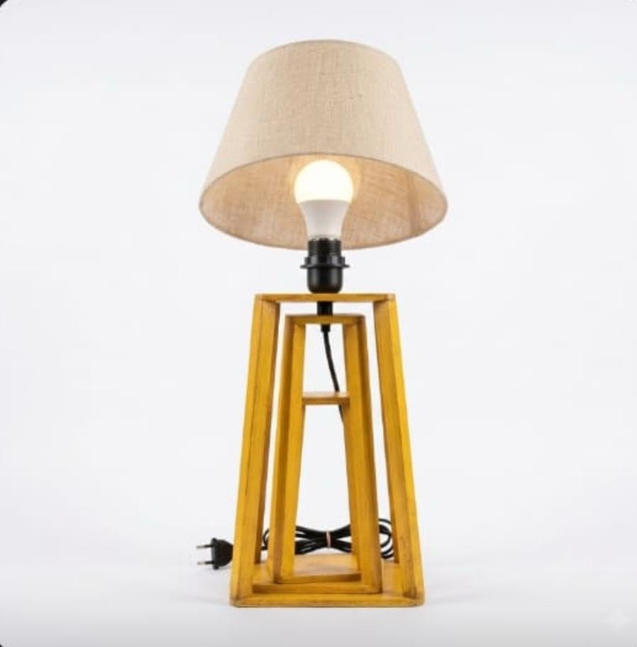 Image of Tripod Floor Lamp with Linen Shade, Wooden Stand with Storage Shelf, Yellow Finish, Modern Home Decor for Bedroom and Living Room
