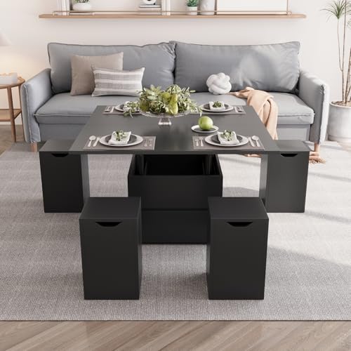 VOWNER Couchtisch Höhenverstellbar, 4-in-1-Multifunktions-Couchtisch Umwandelbar in Wohnzimmer-Esstisch, Couchtisch mit Stauraum, mit 4 Hockern, Schwarz