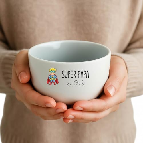 Générique Bol Super Papa personnalisé avec prénom – 500 ml – Cadeau Noël, Fête des Pères ou Anniversaire – Bol céramique blanche