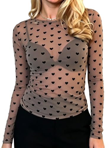 Seyumixi Women Sheer Polka Dot Top Long Sleeve Mesh See Through Tops Cute