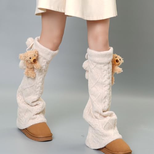 Warm Cable Knit Leg Warmers Drawstring Footless Long Socks For Women Girl Fairycore Plush Rabbits Bear Dolls Boot Covers Flar4