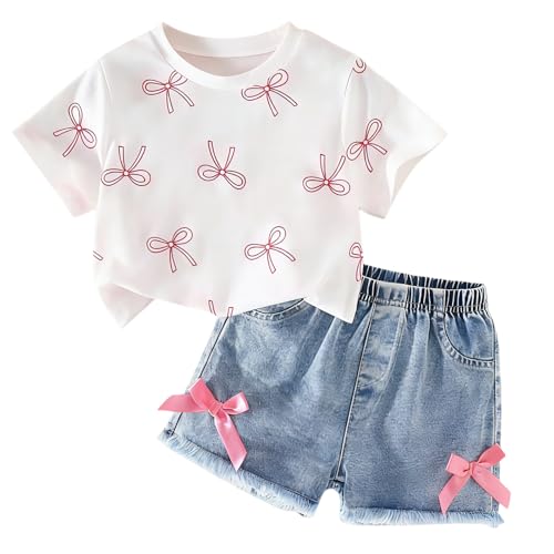 Image of Azmxynol Kid Girls Clothes Outfits Bowknot T-Shirt + 2 In 1 Denim Short Skort Summer Clothing Set, Size 4-10 Years