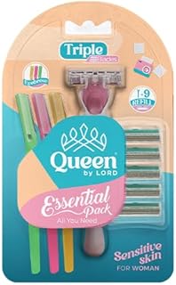 Queen By Lord Women's Shaving Essentials Pack and 3 Eyebrow Razors with 9 Refills Covered and a Full Moisturizer Strip