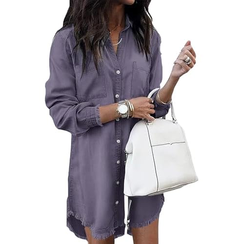 Zilcremo Women Denim Shirt Dresses Long Sleeve Distressed Jean Dress Button Down Casual Tunic Top Small Purple