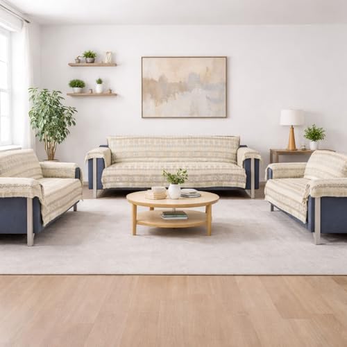 Image of Elegant Woven Beige Sofa Cover - Soft Chenille Traditional Pattern with Lace Style | L-Shape Sectional Seat Protector for Living Room | Durable & Stylish Slipcover 7 Seater with Arms