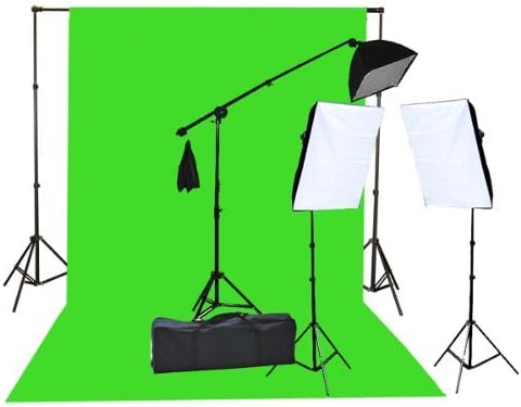 Fancierstudio 2000 Watt Lighting Kit with 10'x12' Chromakey Green Screen and Three Softbox Lights (One with Boom Arm Hairlight Softbox) for Studio Photography and Video Lighting (F9004SB 10x12G)
