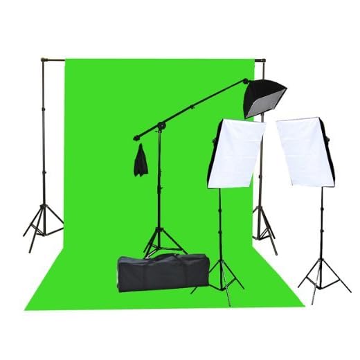 Fancierstudio 2000 Watt Lighting Kit with 10'x12' Chromakey Green Screen and Three Softbox Lights (One with Boom Arm Hairlight Softbox) for Studio Photography and Video Lighting (F9004SB 10x12G)