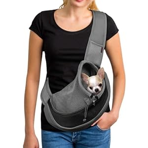 YUDODO Pet Sling Carrier for Small Dogs & Cats – Hands-Free Puppy Carrier with Safety Hook, Large Zipper Pocket, Soft Breathable Mesh, Adjustable Strap & Reflective Strip (Black 1.0 S)