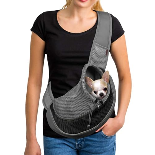 YUDODO Pet Sling Carrier for Small Dogs & Cats – Hands-Free Puppy Carrier with Safety Hook, Large Zipper Pocket, Soft Breathable Mesh, Adjustable Strap & Reflective Strip (Black 1.0 S)
