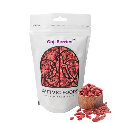 Image of Sattvic Foods Dried Goji Berries (100 g) | Non-GMO, Preservative-Free, Unsweetened Happy Berries | Rich in Antioxidants, Vitamins & Fibre | Enjoy Plain or in Smoothies, Cereals & Baking