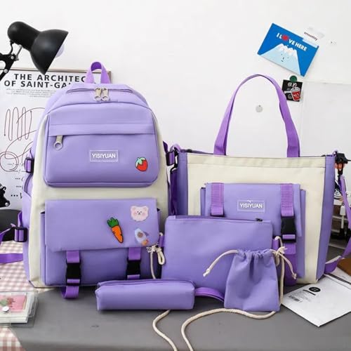 Trendy Purple 5-Piece School Backpack Set Featuring DIY Patches (Uses "trendy" for fashion appeal and specifies "patches" as common DIY elements.)3