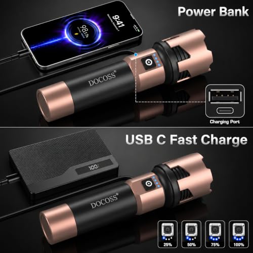 DOCOSS Metal Rechargeable Torch Light High Power,4000 mah Battery & 6 Hrs Work time with Power Display,Zoomable Flashlight/Powerfull Small Torch Long Range,Waterproof (1 Year Warranty) - Image 6