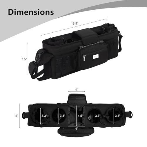 Image of TOPDesign Universal Baby Stroller Organizer, Double Stroller Caddy with Detachable Mesh Bag & Heightened Insulated Cup Holders & Non-Slip Secure Hooks Accessories, Fits Most Strollers (Black)