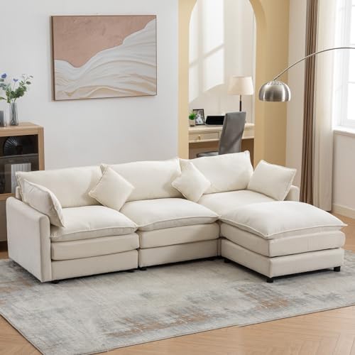 Image of Dolonm L Shaped Sofa Modern Beige Sectional Couches for Living Room Extra Large Cloud Couch 3 Seater Upholstered Sofa with Ottoman, 101 Inch Wide