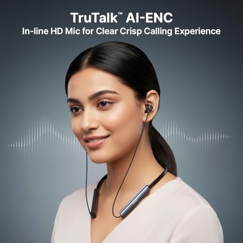 Image of pTron Tangent Eon w / 50Hrs Playtime, Immersive Sound, HD Mic & AI-ENC Clear Calls, Dual-Device Pairing, Magnetic On /Off Function, BT5.4 Wireless Neckband, Voice Asst., Type-C Charging & IPX5(Obsidian)