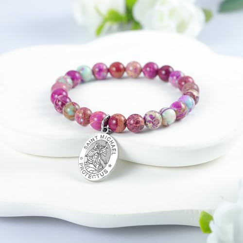 LIUANAN St Michael Bracelet for Women with Sea Sediment Purple Jasper Saint Michael the Archangel Religious Gift Christian Faith Jewelry Protection Bracelets2