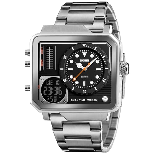 Image of SKMEI Men's Digital Sports Watch, LED Square Large Face Analog Quartz Wrist Watch with Multi-Time Zone Waterproof Stopwatch