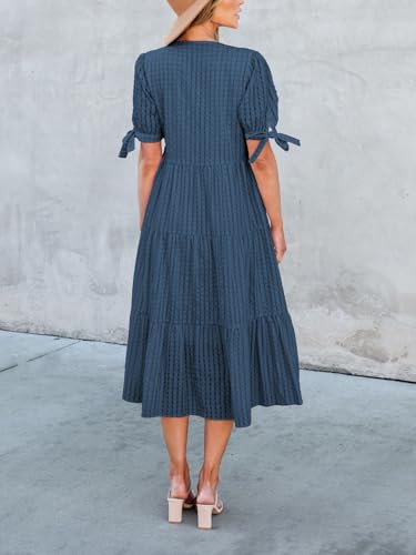 Theenkoln Womens Casual Midi Dress: Short Sleeve V-Neck Empire Waist Gingham Spring Fashion Long Trendy Tiered Formal Dresses3