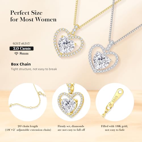 Image of 2CT Moissanite Heart Necklace for Women Wife in Gift Box,S925 Sterling Silver Jewelry for Women,Anniversary Birthday Present for Wife Her Girlfriend,18K Gold /White Gold Filled