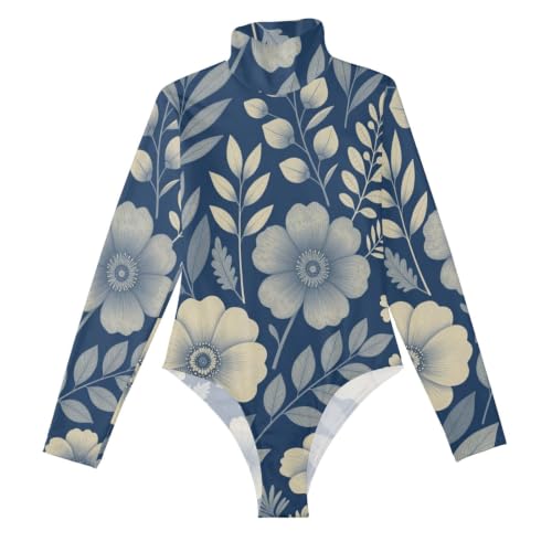 Body de manga larga azul flor GuoChe leotardo de cuello alto para mujer
