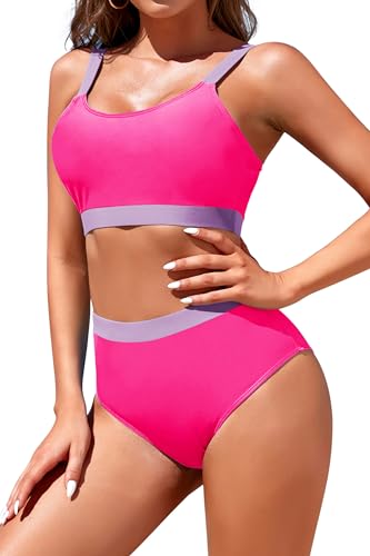 Image of Womens High Waisted Bikini Sets Sporty Crop Top Color Block Swimwear Bandeau Scoop Neck Vintage Two Piece Bathing Suits