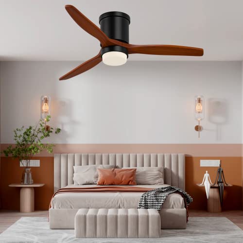 Clugoj Low Profile Ceiling Fan Flush Mount Ceiling Fan With Lights Remote Control 52'' Outdoor Ceiling Fan 3 Reversible Walnut Wood Blades Noiseless Dc Motor #TOP6