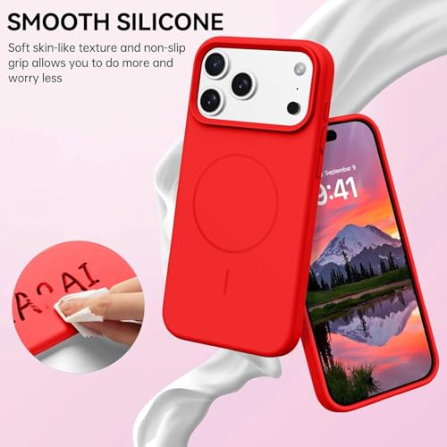 Image of mobistyle Magnetic Silicone Back Cover for iPhone 17 Pro Max 6.9-Inch, Compatible with Mag-Safe, Silky Soft Touch, Shock Absorbing Phone Cover Case with Camera Lens Protection (Red)
