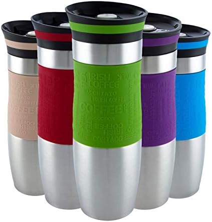 EDEL HOFF Insulated Vacuum Travel Mug, Reusable Flask with Silicone Handle, Thermal Double Walled and Leakproof Coffee Tumbler for Hot or Cold Drink (480 ml 16 oz) (Green)